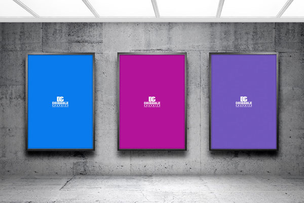 Three Billboards on Concrete Wall in Indoor Setting Mockup FREE PSD