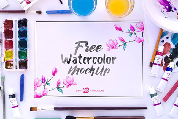 Three Mockups Featuring Watercolor Painting Set FREE PSD