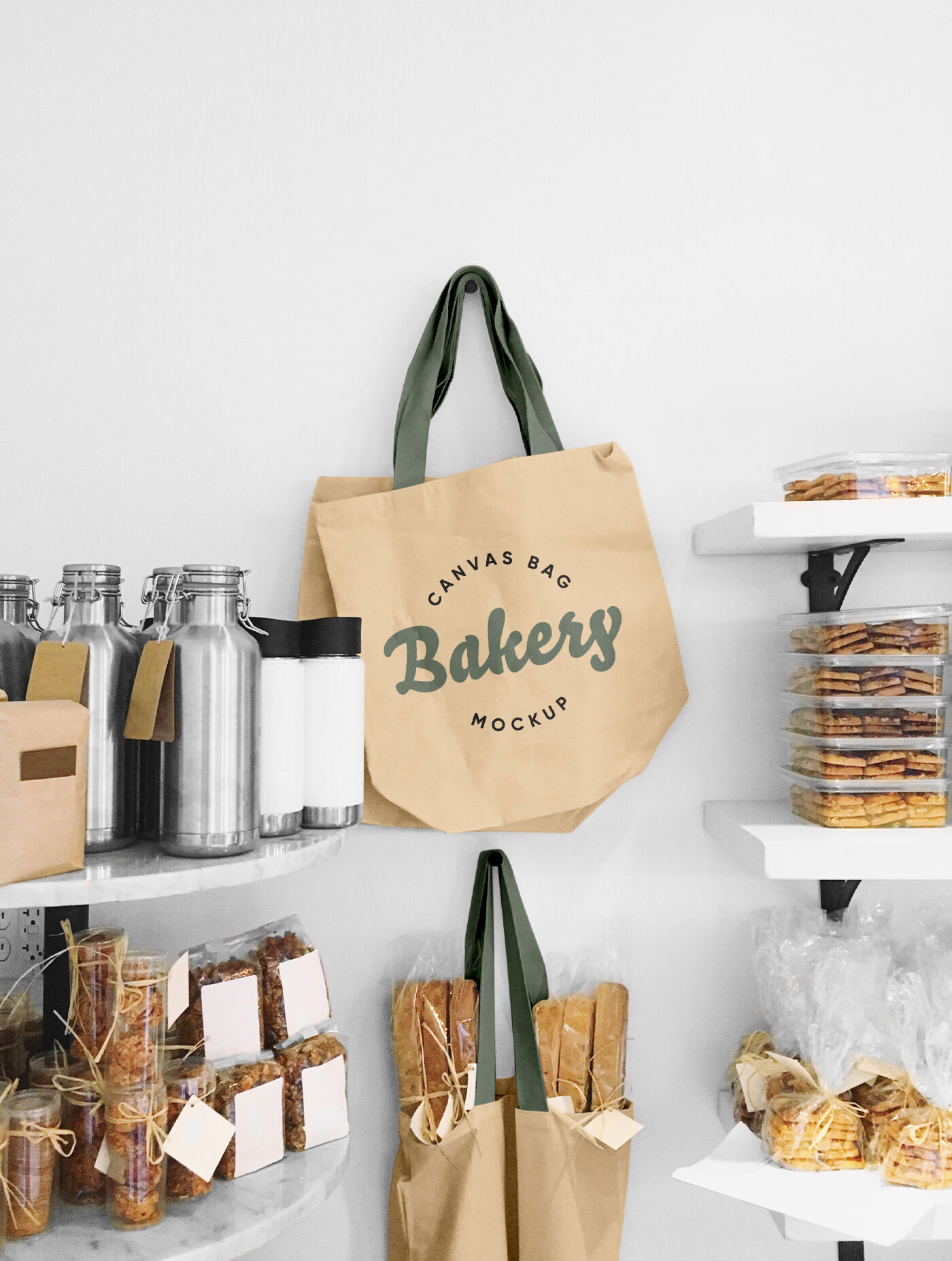 Tote Mockup Hanged with Jars and Boxes Full of Grocery FREE PSD