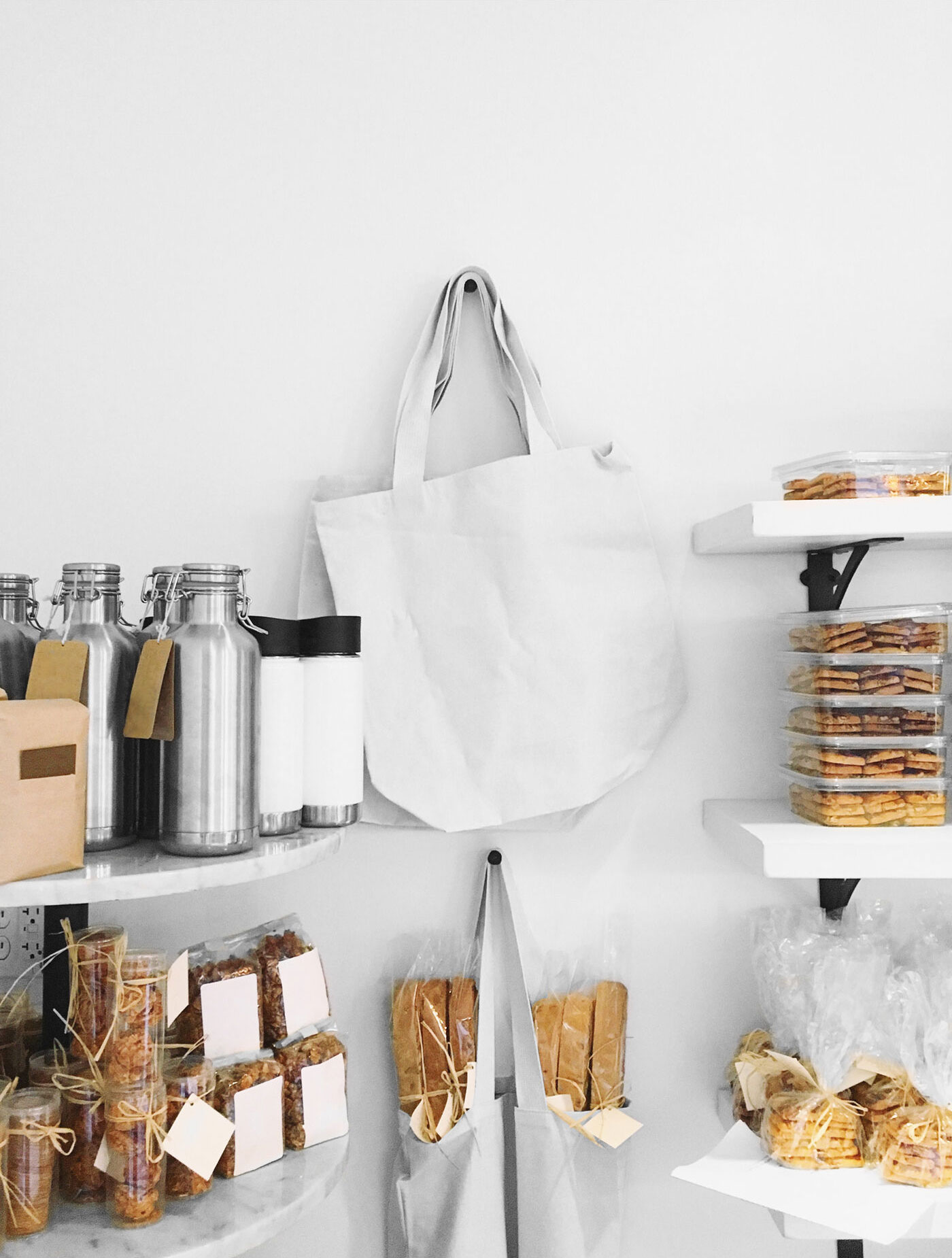 Tote Mockup Hanged with Jars and Boxes Full of Grocery FREE PSD