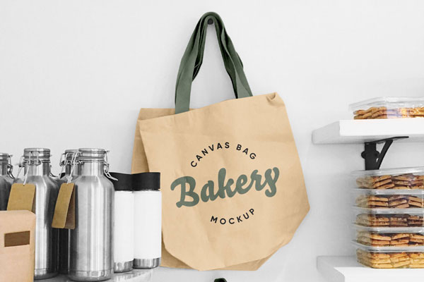 Tote Mockup Hanged with Jars and Boxes Full of Grocery FREE PSD
