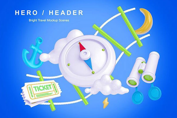 Two 3D Illustrated Travel Header Image Scene Mockups FREE PSD