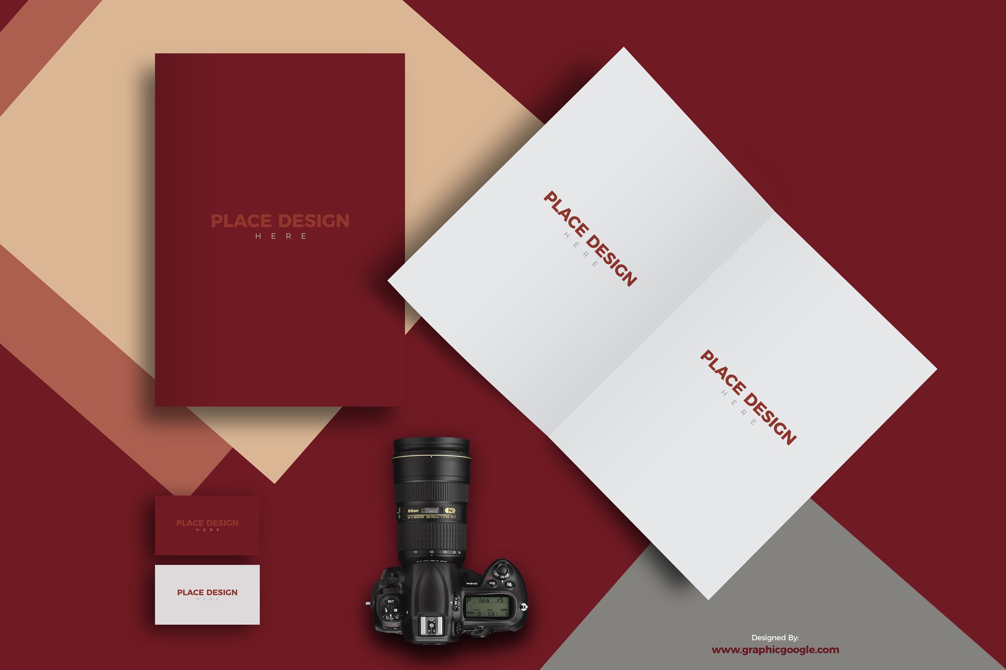 Two Brochures and Two Business Cards Mockup Next to Camera FREE PSD