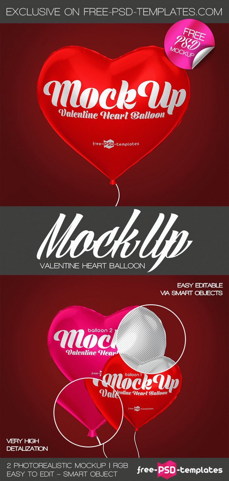 Two Mockups Featuring Valentine Heart Balloons FREE PSD
