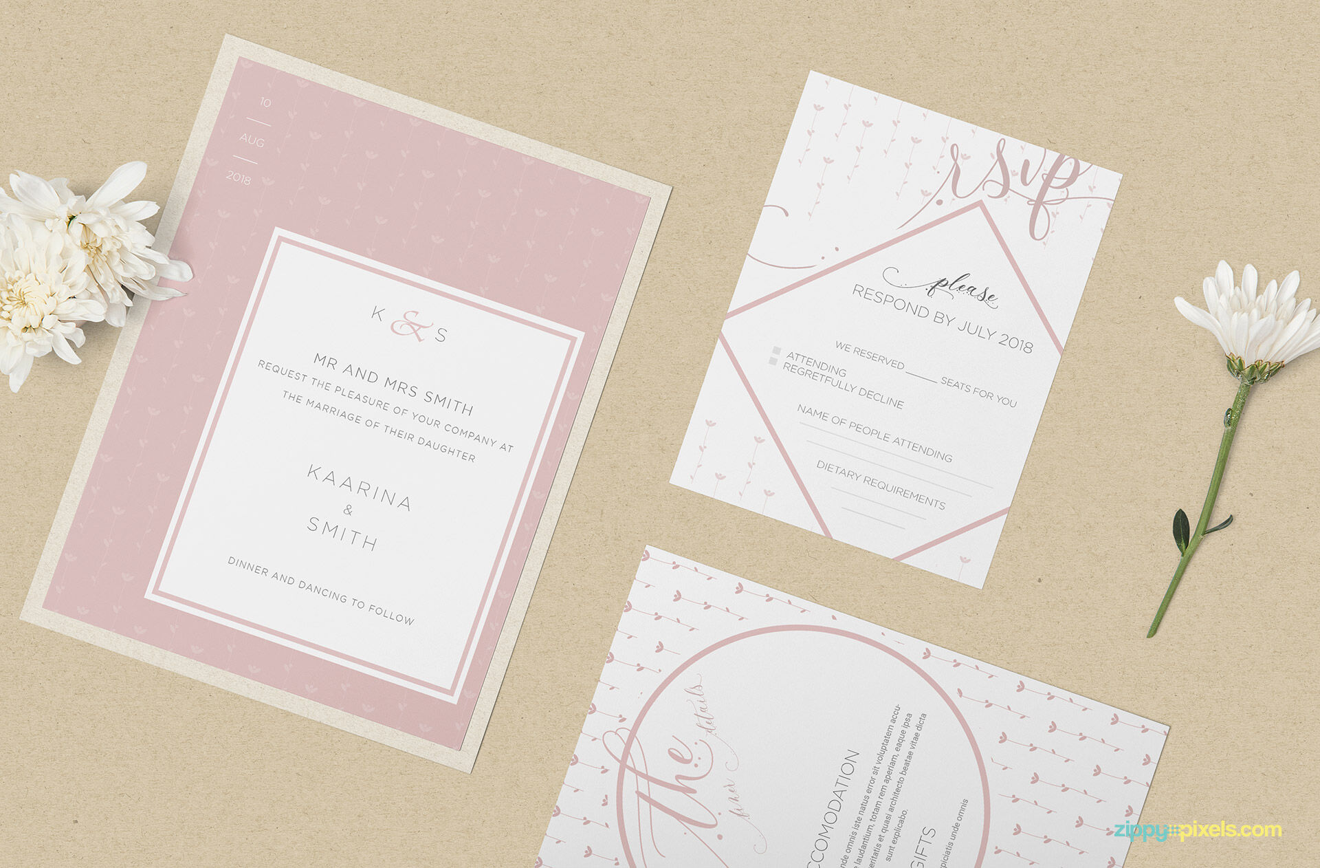 Wedding Invitation Cards Laying Besides Each Other Mockup FREE PSD