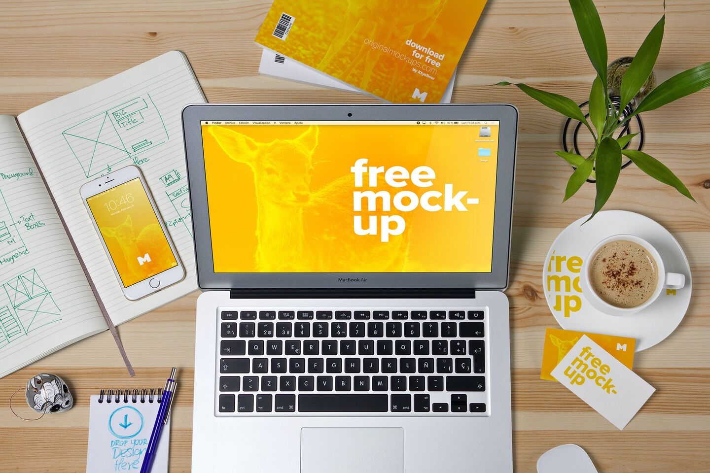 Workspace Mockup Featuring MacBook and Business Cards FREE PSD