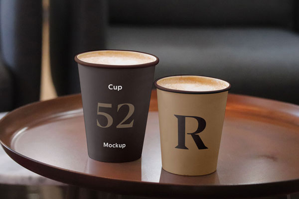2 Coffee Cups Mockup in Tray and Dim Background FREE PSD