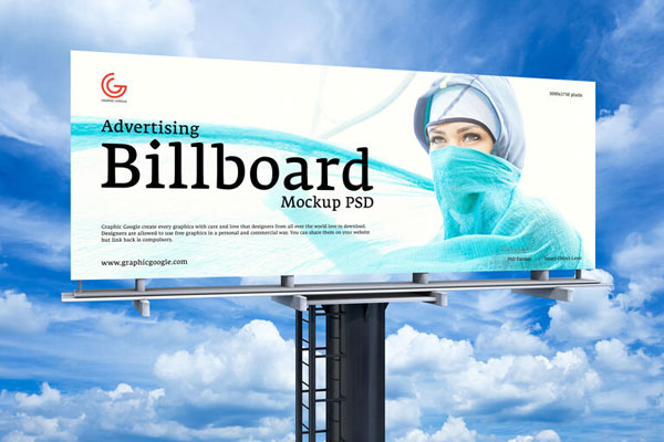 3/4 View Advertising Billboard on Black Pole Against Sky Mockup FREE PSD