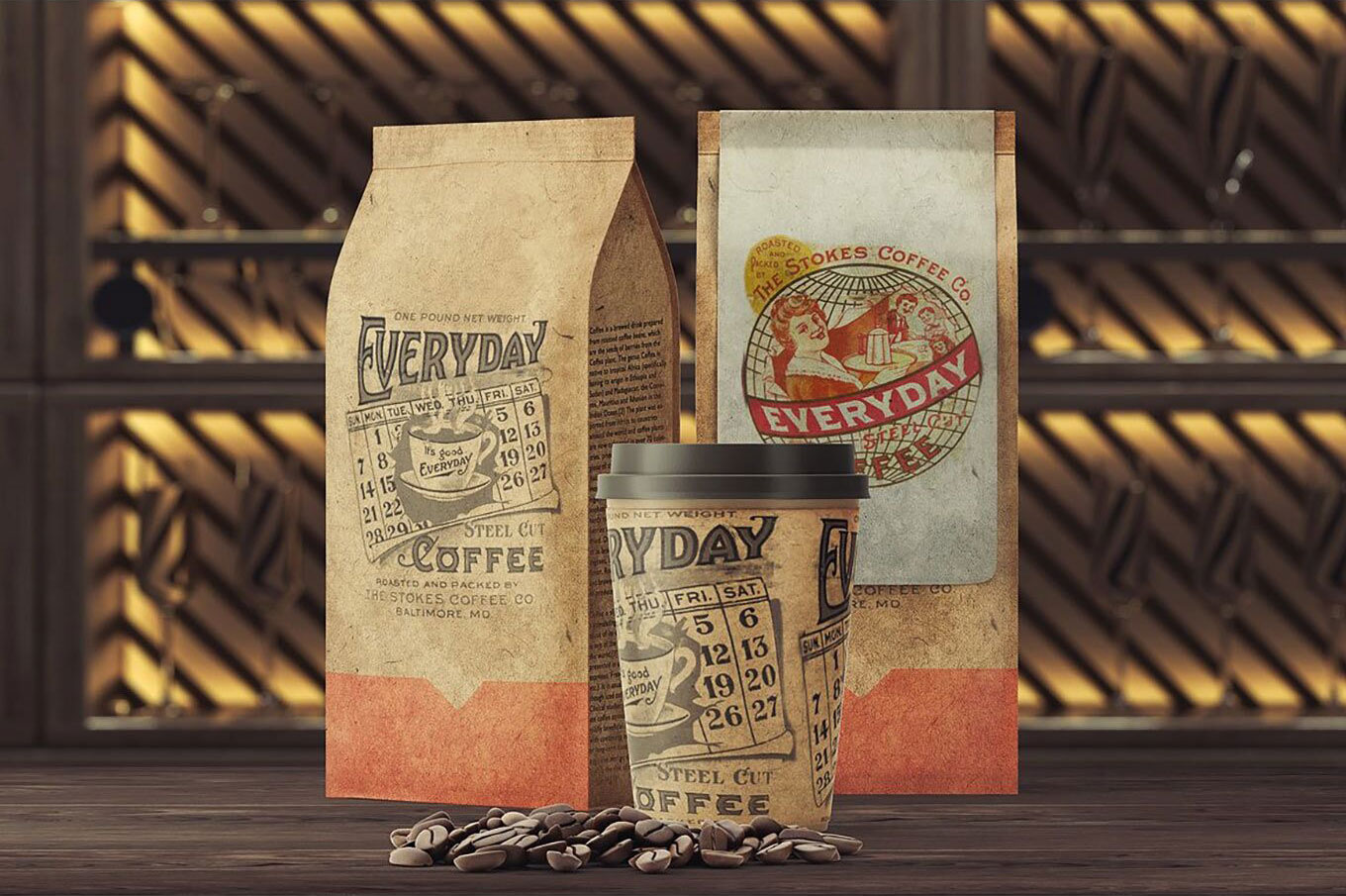 4 Coffee Cup Mockups with Coffee bags and Floating Cups FREE PSD