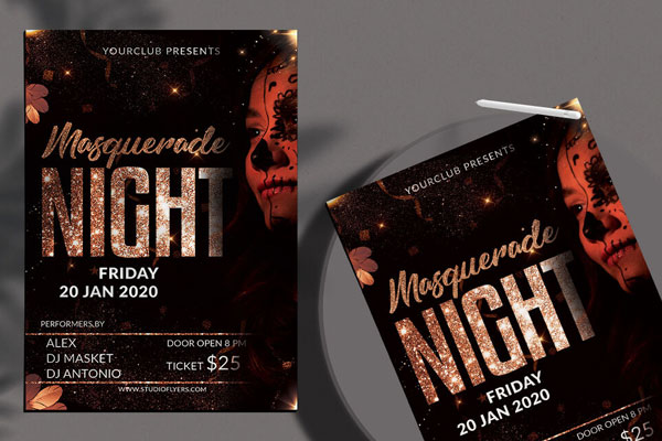 Black and Golden Masquerade Night Flyer Template FREE PSD
