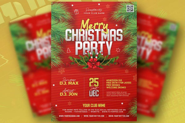 Border Red Merry Christmas Party Flyer Template FREE PSD