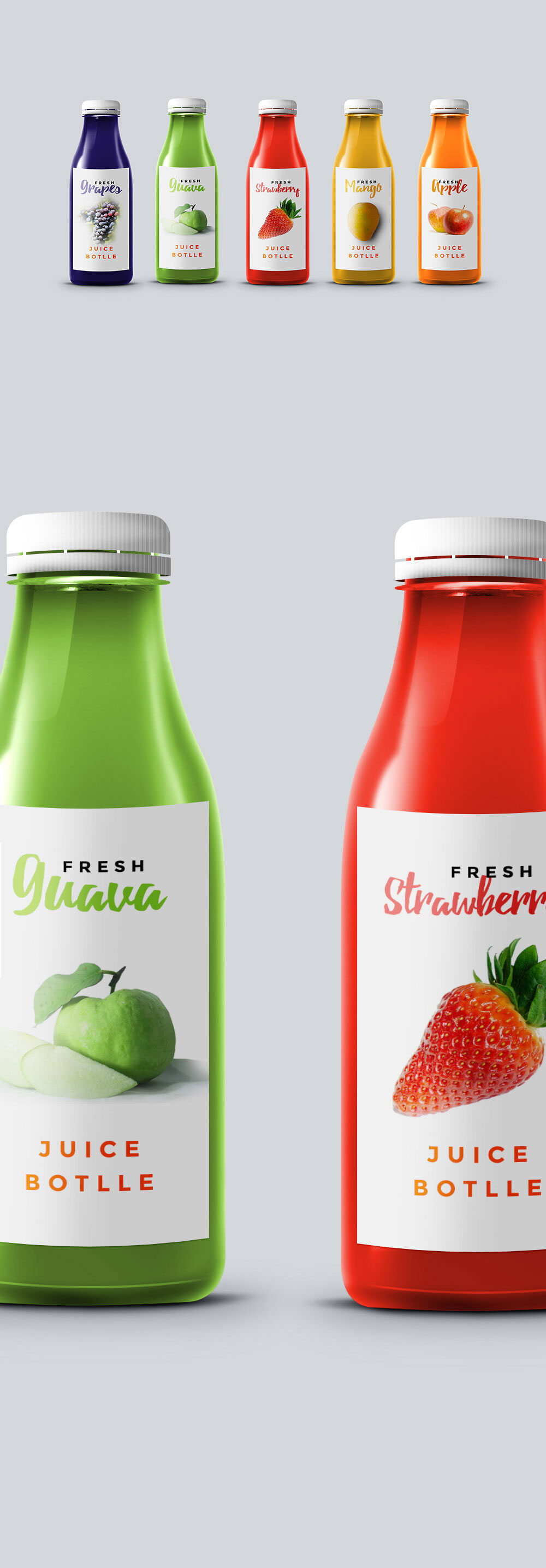 Five Juice Bottles Standing in a Front View Mockup FREE PSD