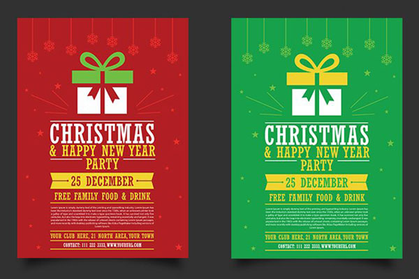 Flat Christmas and New Year Flyer Template Featuring Tiny Snowflakes FREE PSD