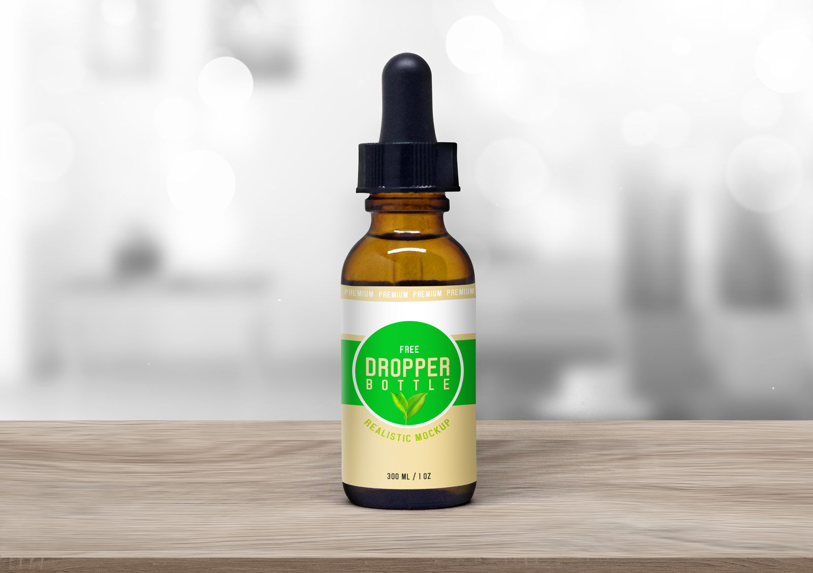 Front View of Glass Dropper Bottle on Wooden Surface Mockup FREE PSD