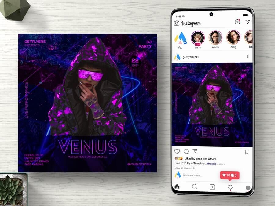 Futuristic Party DJ Instagram Post Template FREE PSD