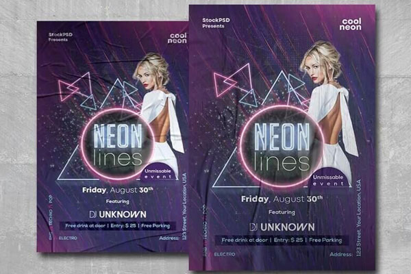 Geometric and Neon Night Club Flyer Template FREE PSD