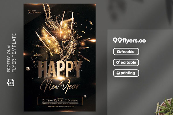 Golden, Festive New Year's Eve Party Flyer Template FREE PSD