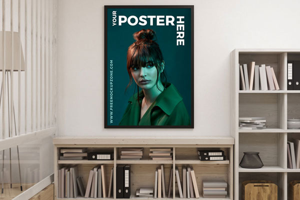 Interior Poster Hanging Over Bookshelves Mockup FREE PSD