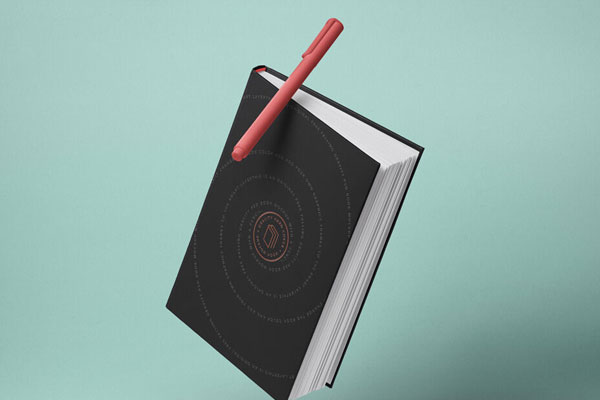 Mockup Displaying Floating Hardcover Book and Pen FREE PSD