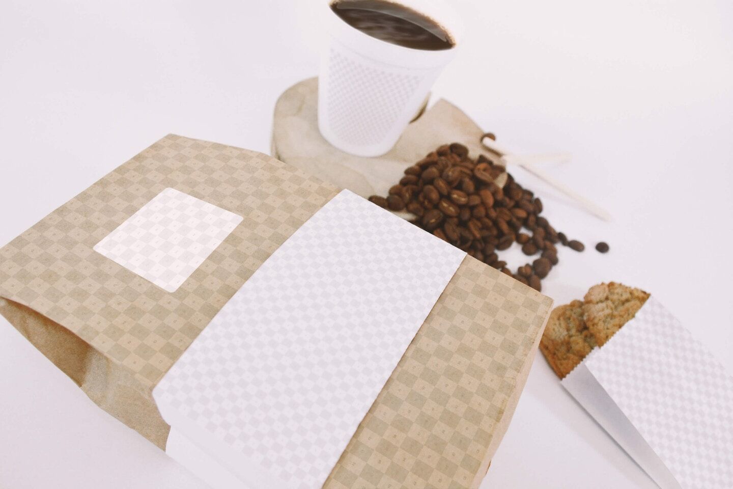 Mockup Featuring Coffee and Cookie Bags and Coffee Cup FREE PSD