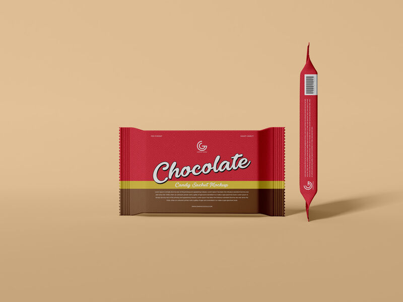 Mockup Featuring Two Chocolate Packets Showcasing Different Sides in Front View FREE PSD