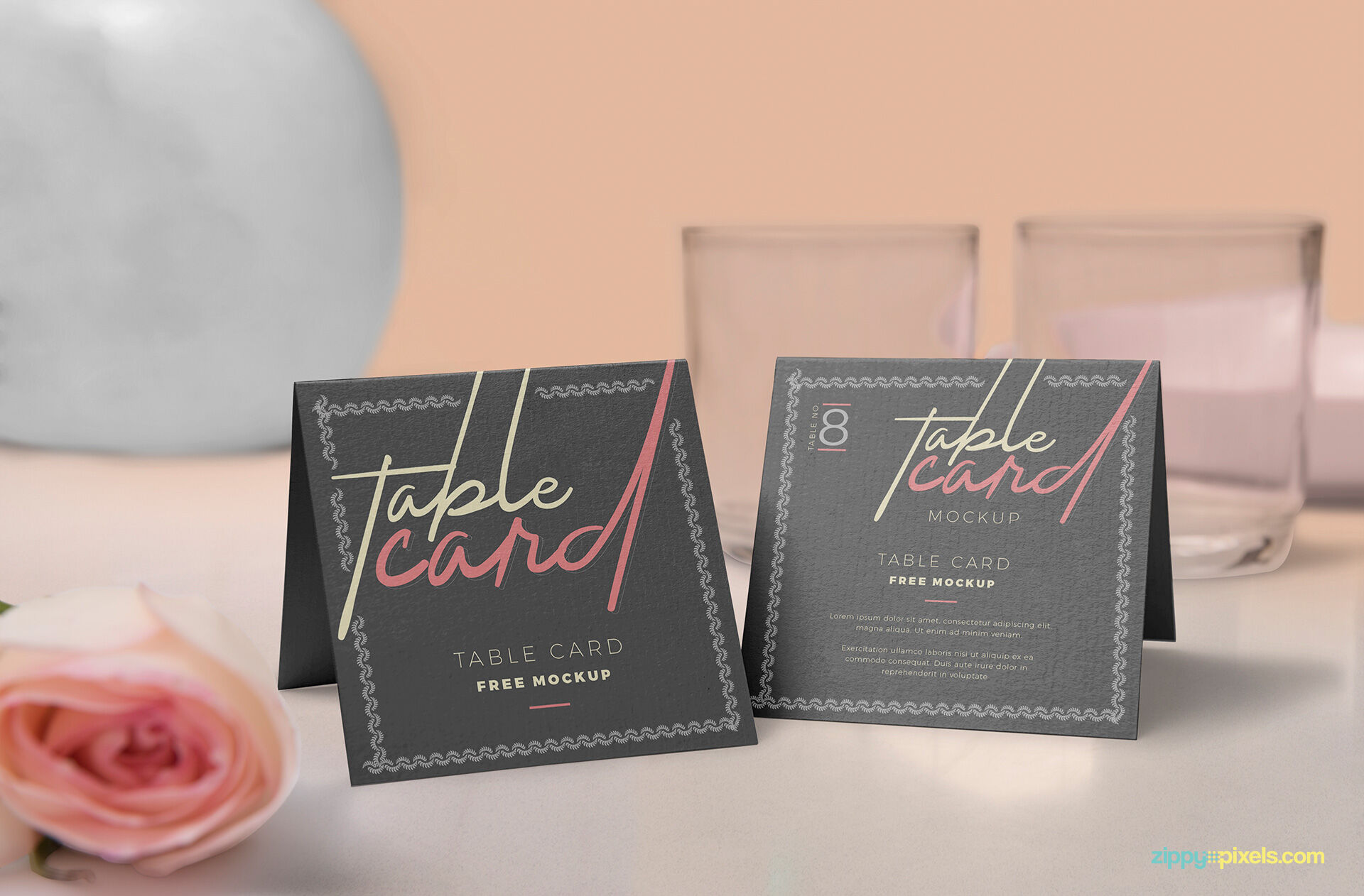 Mockup Featuring Two Table Cards with Rose Flower FREE PSD