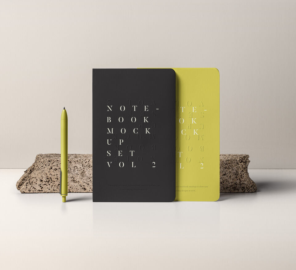 Mockup of 2 Standing Notebook with Stone and Pen FREE PSD