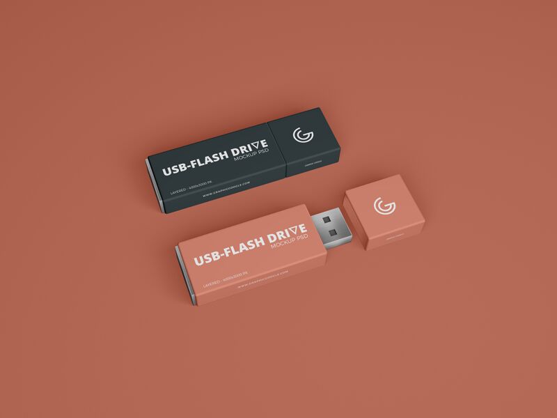 Mockup of Two USB Flash Drives in Perspective View FREE PSD