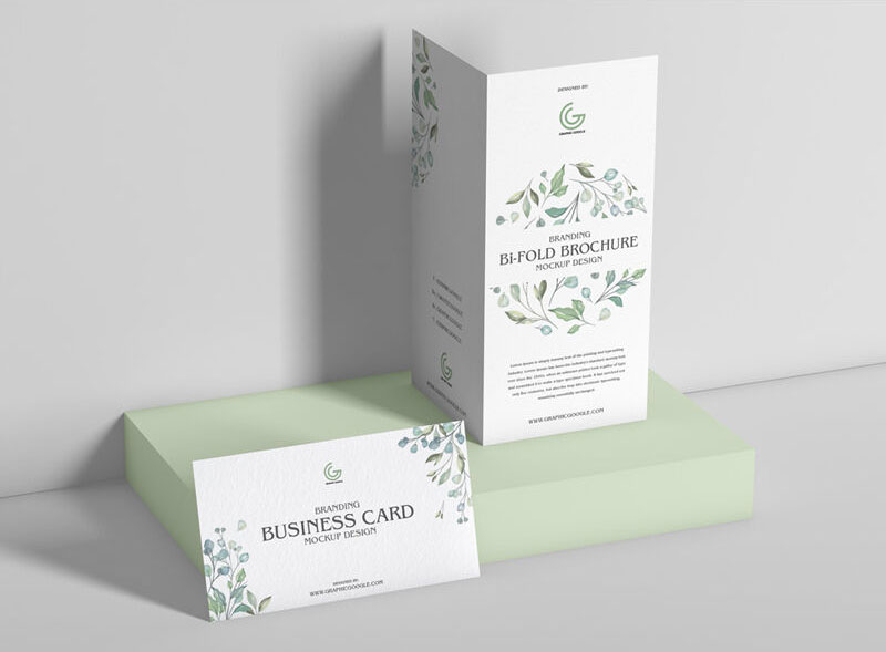 Mockup Showcasing Bi-Fold Brochure with Business Card Design FREE PSD