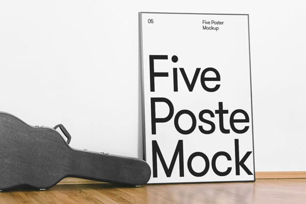 Mockup Showcasing Side View of Poster against Wall Beside Guitar Case FREE PSD