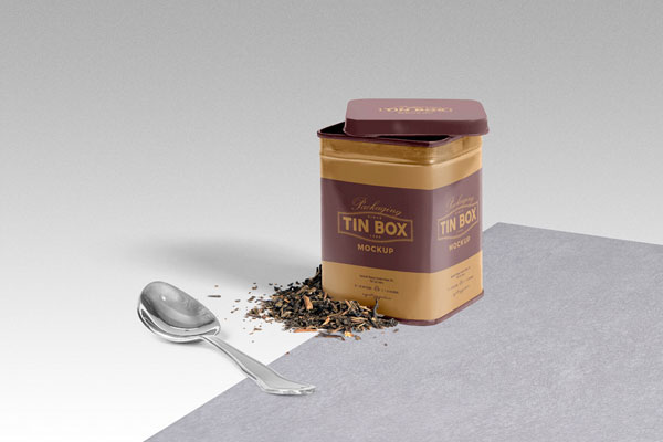 Mockup Showing a 3/4 View of Square Tin Canister Box FREE PSD