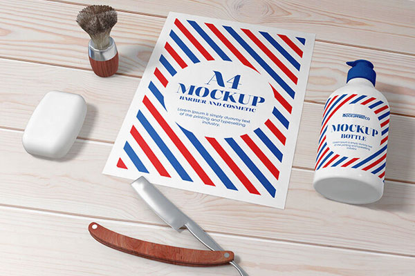 Mockup Showing Poster and Bottle in Barber Cosmetic Setting FREE PSD