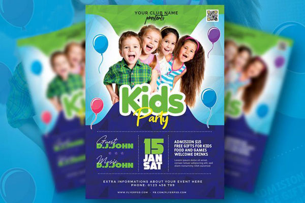 Modern Green and Blue Kids Party Flyer Template FREE PSD