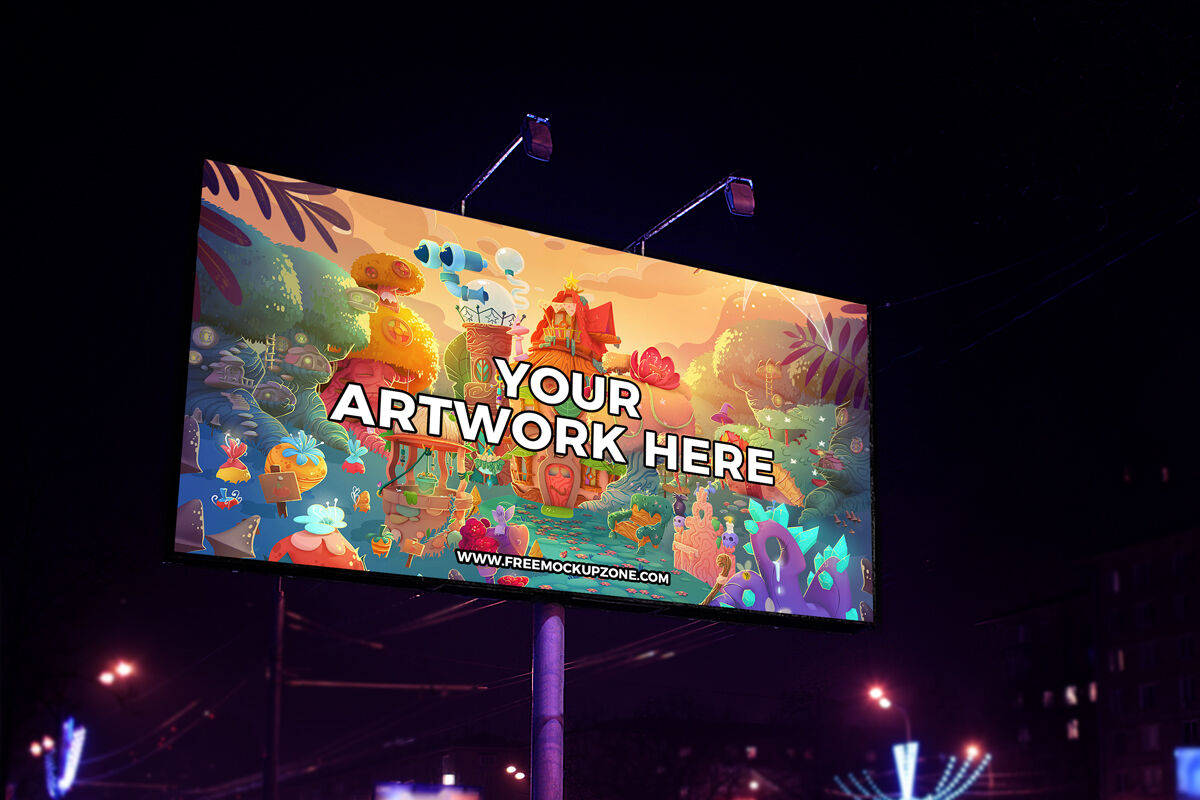 Night Scene Advertisement Billboard With Bright City Lights Mockup FREE PSD