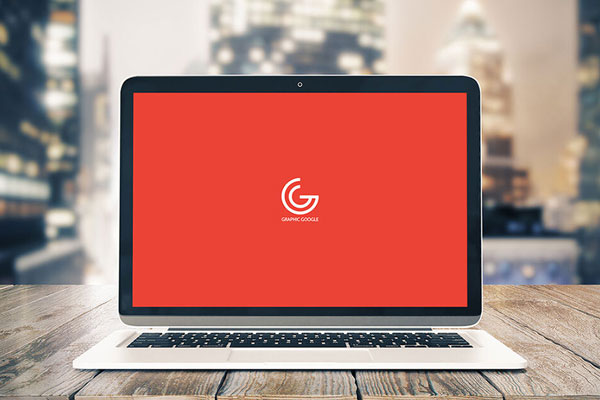 Notebook Laptop Screen on Wooden Table with City View Mockup FREE PSD