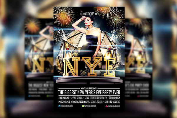 NYE Flyer Template with Fireworks and Bursting Champagnes FREE PSD