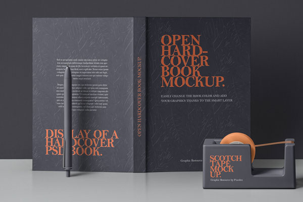 Opened Standing Hardcover Book Back View and Tape Dispenser Mockup FREE PSD