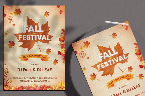 Orange Fall Festival Flyer Template with Leaves Free Download ...