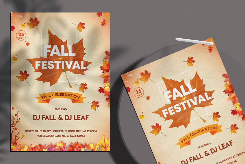 Orange Fall Festival Flyer Template with Leaves Free Download ...