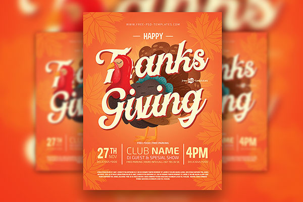 Orange, Illustrated Thanksgiving Party Flyer Template Along with Facebook Cover FREE PSD