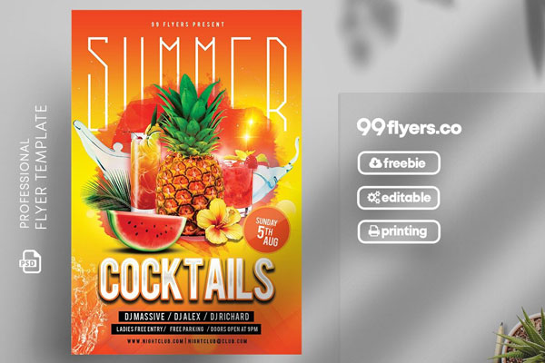 Orange, Yellow Cocktail Summer Party Flyer Template FREE PSD