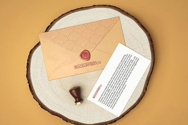 Overhead View of Envelope and Card on Wooden Log Mockup FREE PSD
