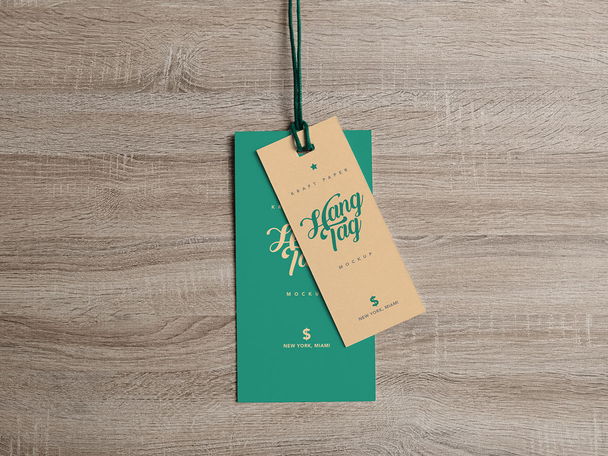 Overhead View of Two Cloth Tags on Wooden Surface Mockup FREE PSD