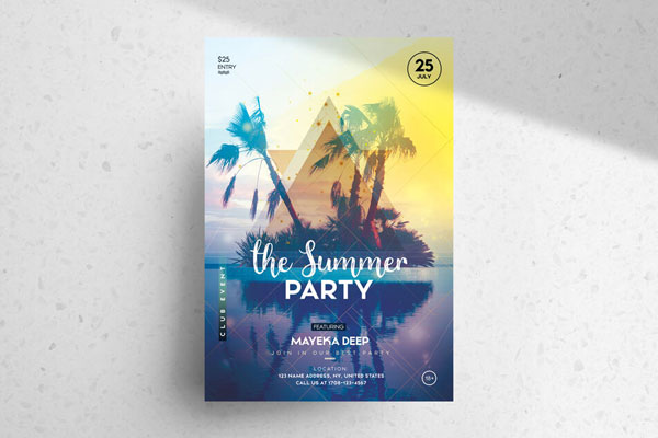 Photorealistic Summer\ Tropical Party Flyer Template with Purple, Blue, Yellow Color Scheme FREE PSD