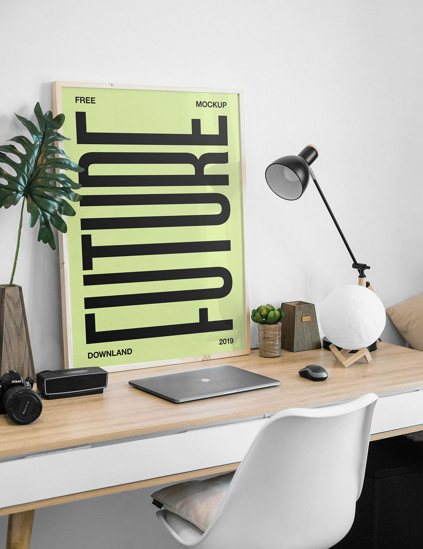 Picture Frame On Desk Mockup With Lamp And Laptop FREE PSD
