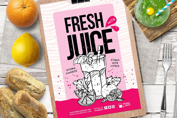 Pink, Illustrated Juice Bar Flyer Template Along with 2 DL Rack Cards FREE PSD