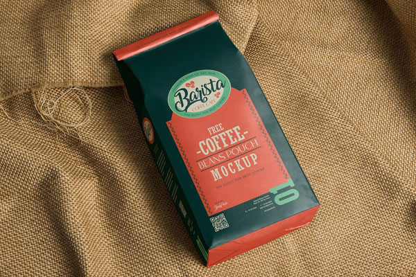 Pouch Paper Coffee Bag Lying on a Piece of Jute Mockup FREE PSD
