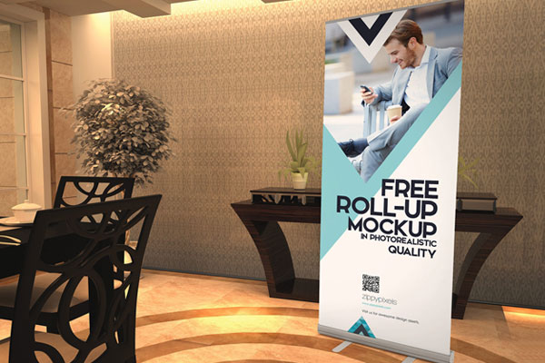 Roll Up Banner Placed in a Resturaunt Mockup FREE PSD