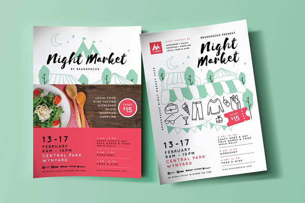 Rustic, Illustrated, Double-Sided Night Market Poster Template FREE PSD