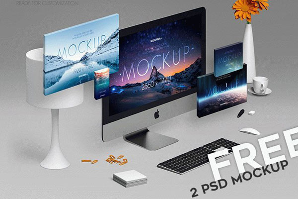 Set of Two Mockups Featuring iMac Pro Screens From Two Angles FREE PSD